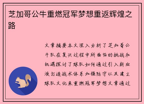 芝加哥公牛重燃冠军梦想重返辉煌之路